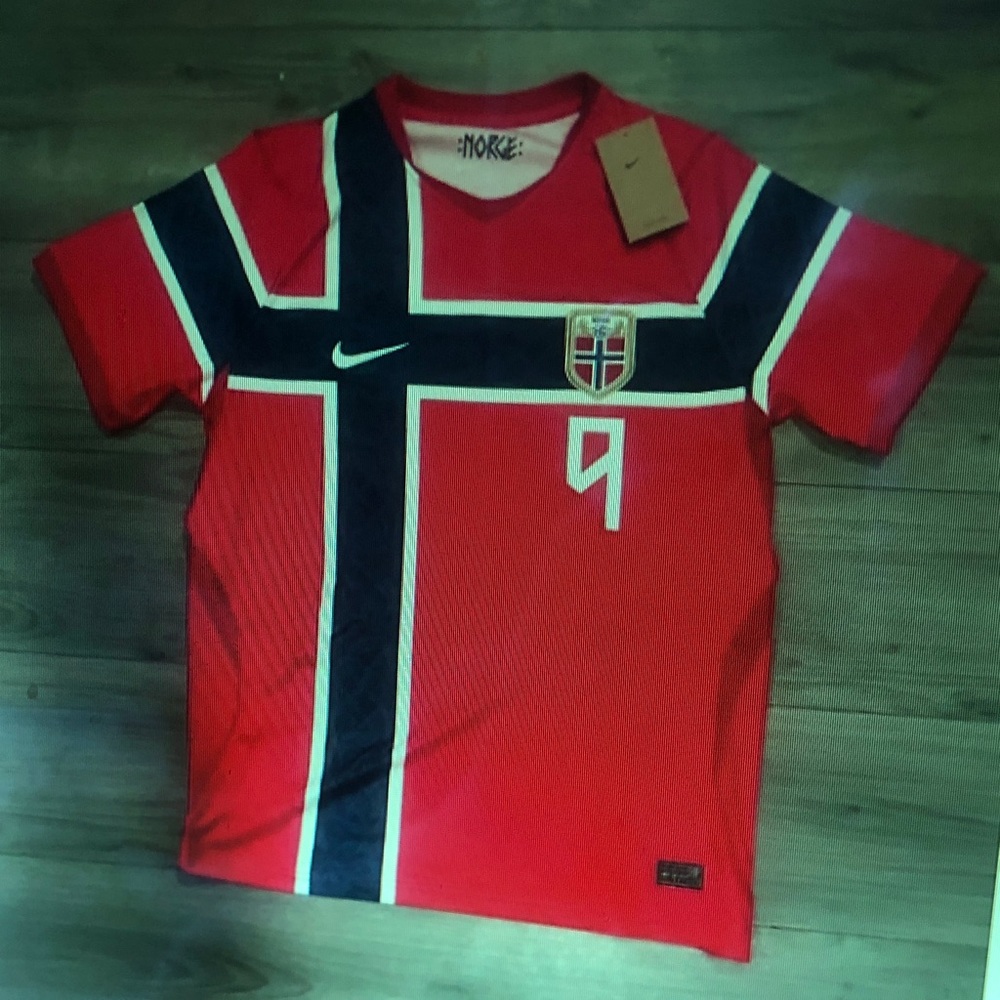 Kids Red Soccer Jersey with Navy Cross and White Trim - Nike